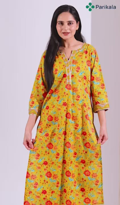 Yellow Round V-Neck Floral Printed Straight Kurta for Women